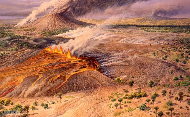 Painting of volcanoes erupting during the Oligocene