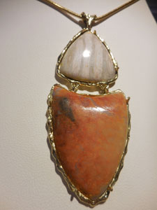 14 kt Antiguanite 25x20mm white with vertical stripes and 35x25mm Pink freeform Double Pendant $875 without chain
