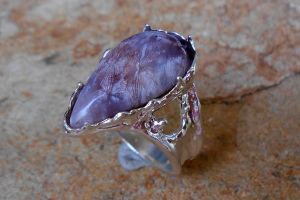 Silver 20x10mm pearshaped Antiguanite Multicolour Ring $350