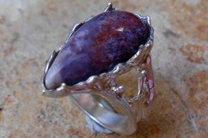 Silver 20x10mm pearshaped Antiguanite White Top/Dark Purple Ring $350